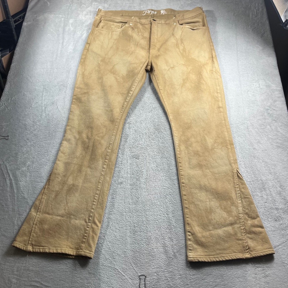 PRPS Erector‎ Tie Dye Flare Jeans Khaki Tan Mens 42 E106P81WF Slit Hem